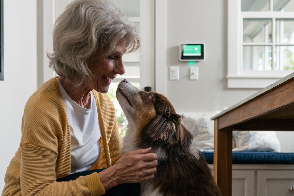 woman with dog smart hub in background