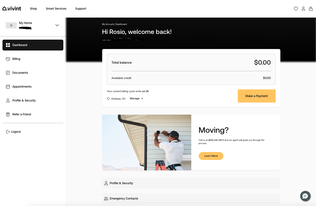Vivint cloud storage account dashboard screenshot