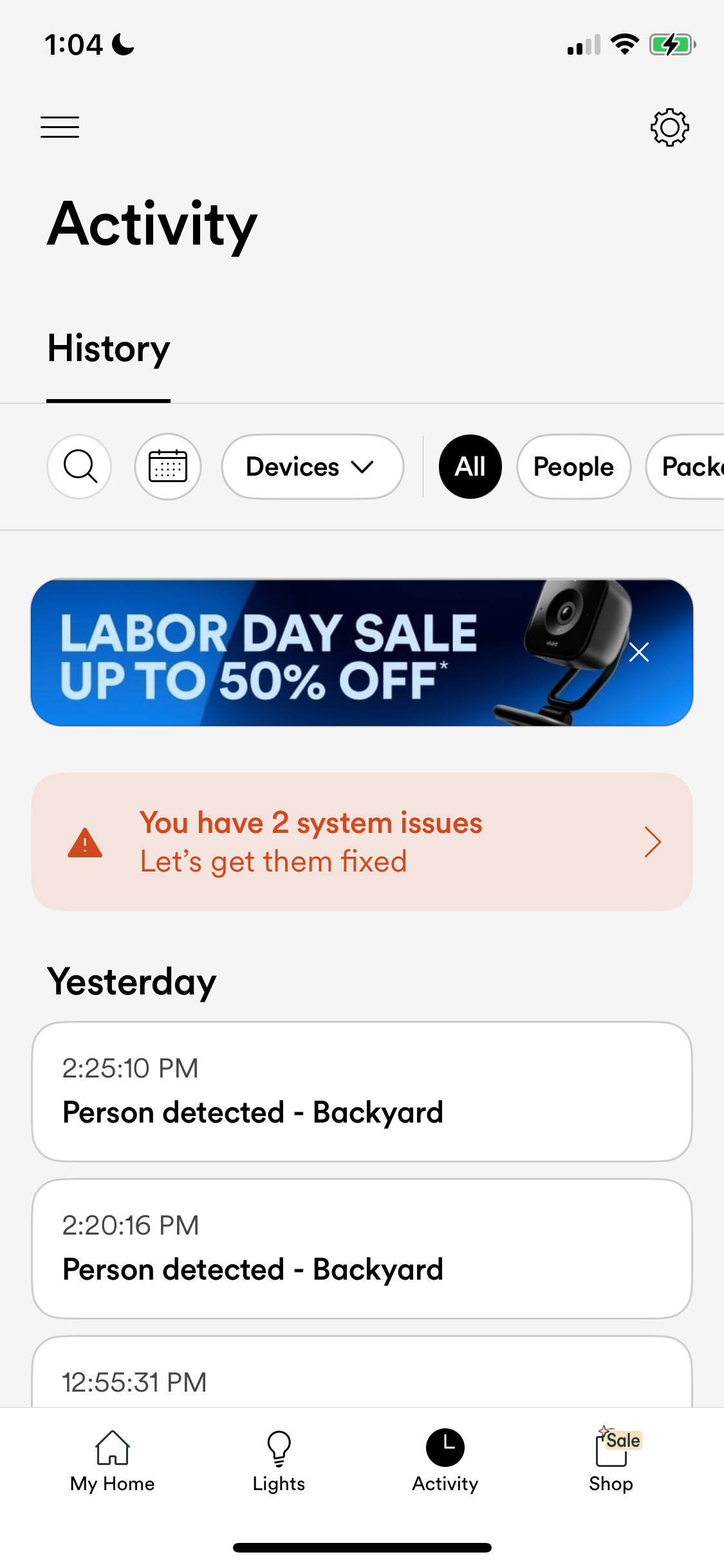 Vivint cloud storage usage screenshot