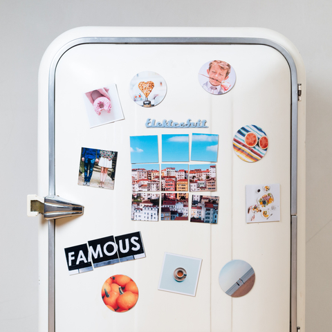 vintage fridge with picture magnets